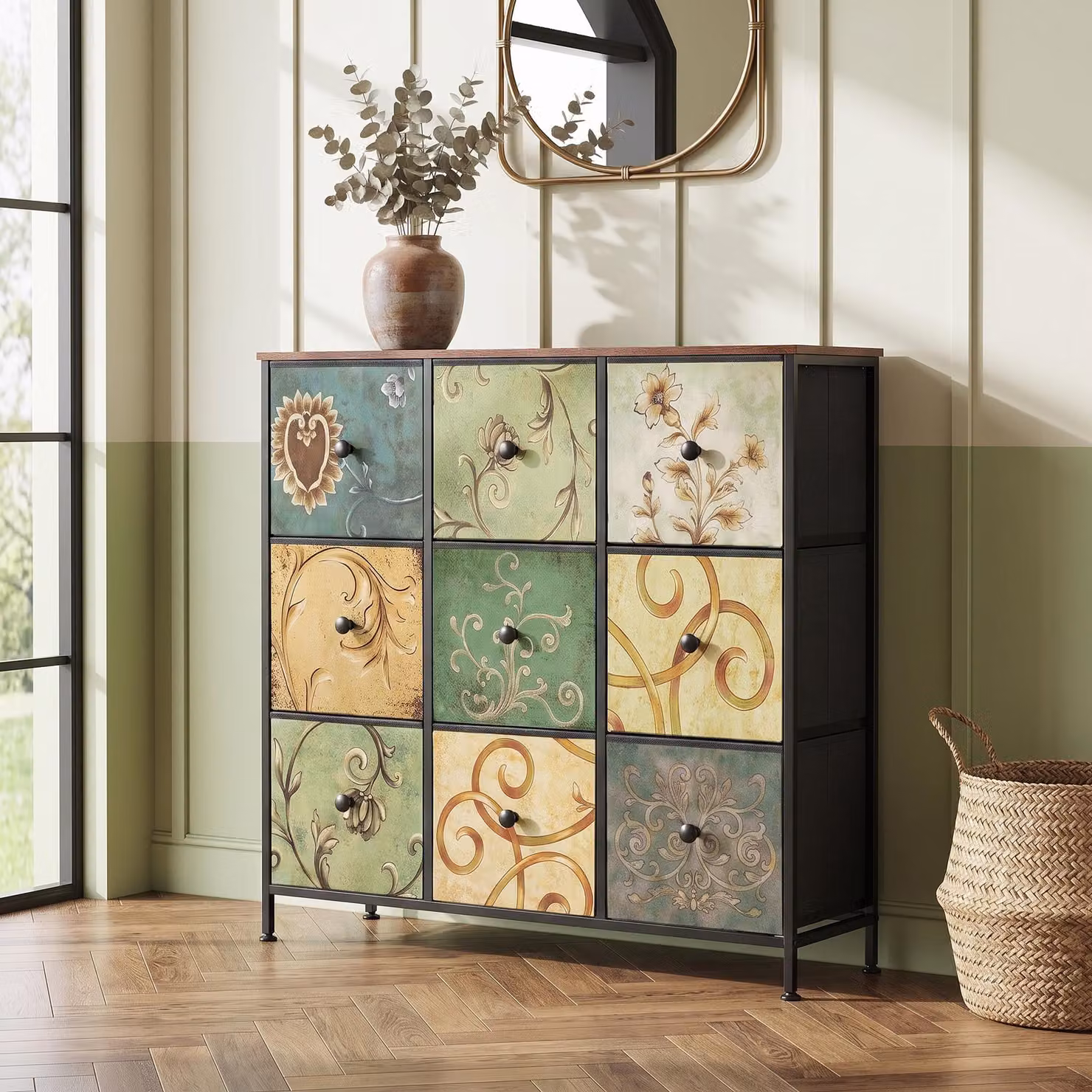 Comodino INONEFT con 9 cassetti in tessuto, design vintage, ideale per la camera da letto, stile rustico, struttura in metallo, adatto per cucina, ufficio, ingresso