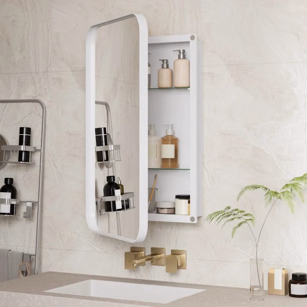 Armadietto a specchio OKWISH bianco con ante in vetro e ripiani interni, ideale per il tuo bagno, con montaggio a parete o a incasso