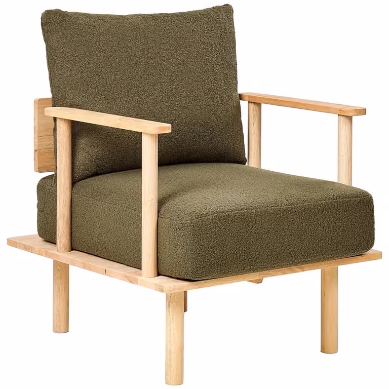 Poltrona minimalista BELIANI in tessuto boucle verde scuro con struttura in legno di gomma e braccioli