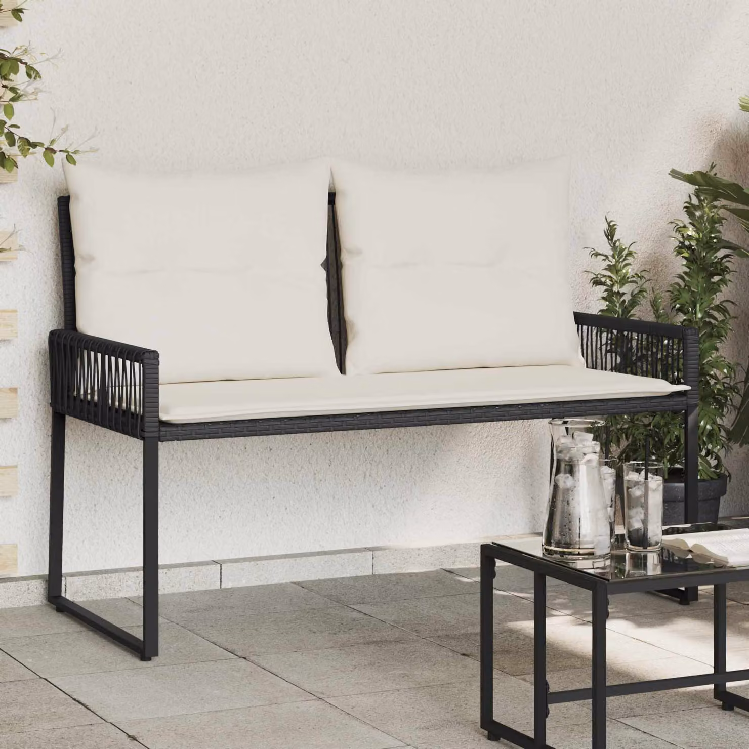 Set di 4 panchine da esterno vidaXL in rattan e metallo con braccioli, ideale per giardino o terrazzo, L: 110 cm, P: 59 cm, H: 82 cm