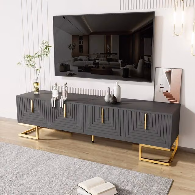 Mobile TV moderno Mivray con quattro ante e dettagli dorati, colore grigio-nero, L 170 x P 40 x H 45.5 cm