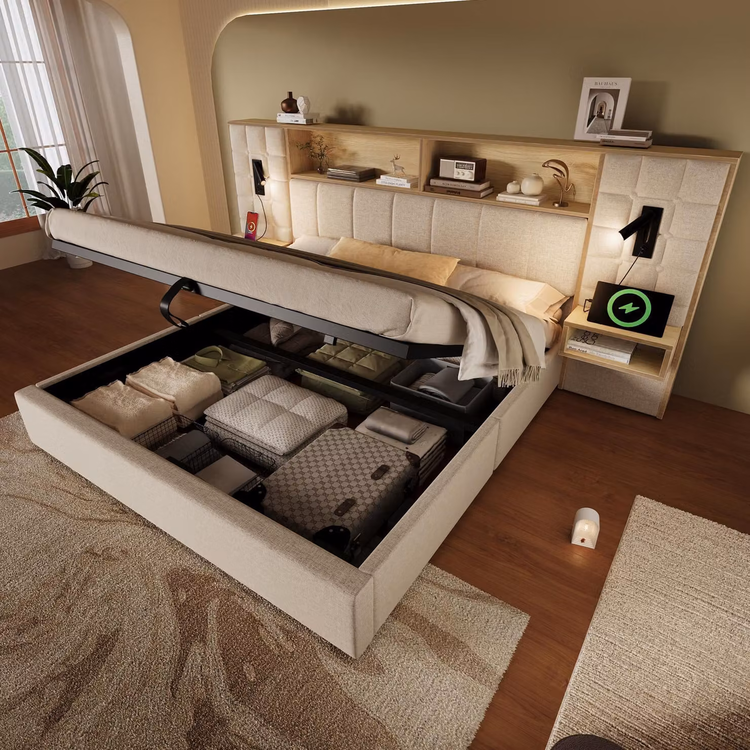 Letto imbottito idraulico Flieks 180x200 cm con comodini sospesi, letto matrimoniale con contenitore, luci di lettura e funzione di ricarica, tessuto in lino, beige