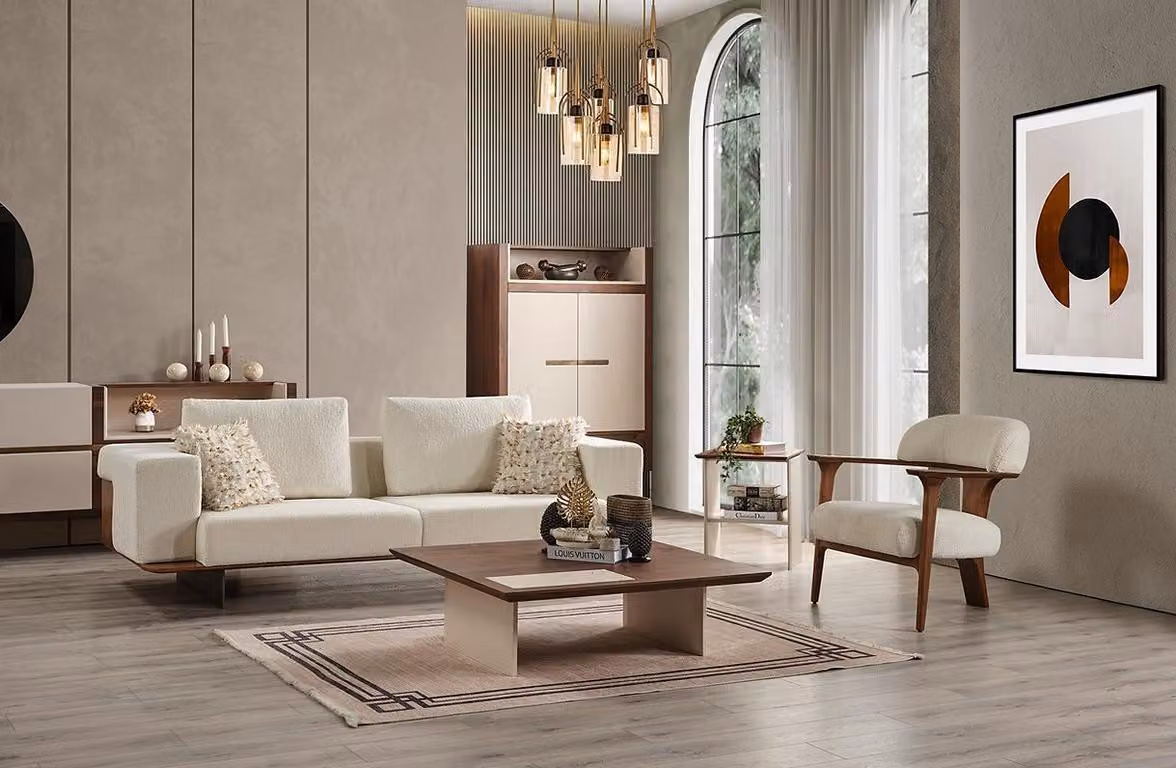 Modern Weiß Sofagarnitur 3 1 Sitzer Textil Holz Sessel Komplett Set