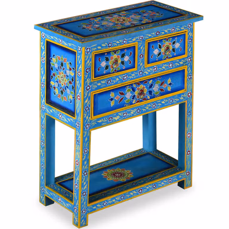 Credenza con Cassetti Massello di Mango Turchese Dipinta a Mano