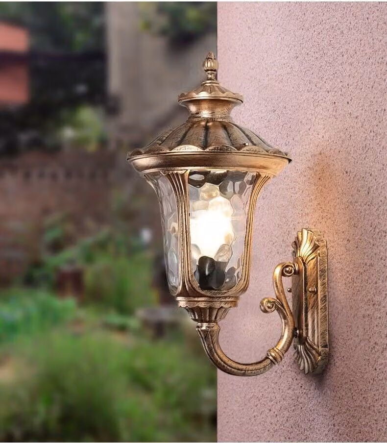 Lampada da giardino Luce da esterno Applique da esterno BD-1 46 cm in stile antico, alluminio fuso in marrone/oro, vetri reali presa E27 retrò/vintage (BD-1)