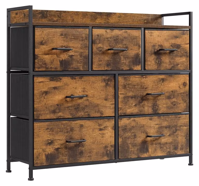 Comodino vintage bicolore, marrone scuro e nero, con 7 cassetti – MDF – 98 x 28,5 x 85 cm