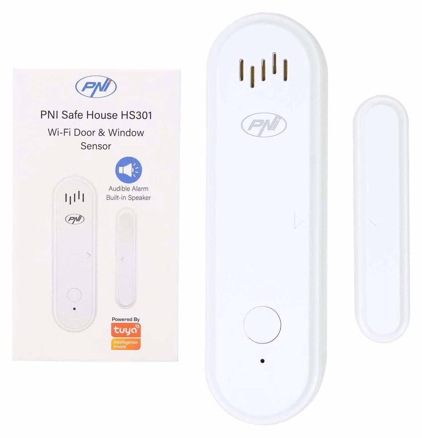 Sensore magnetico PNI Safe House HS301 con Wi-Fi, per il monitoraggio di porte/finestre tramite l'app Tuya Smart, allarme acustico da 80 dB, altoparlante integrato, volume regolabile, modalità di allarme attivabile/disattivabile