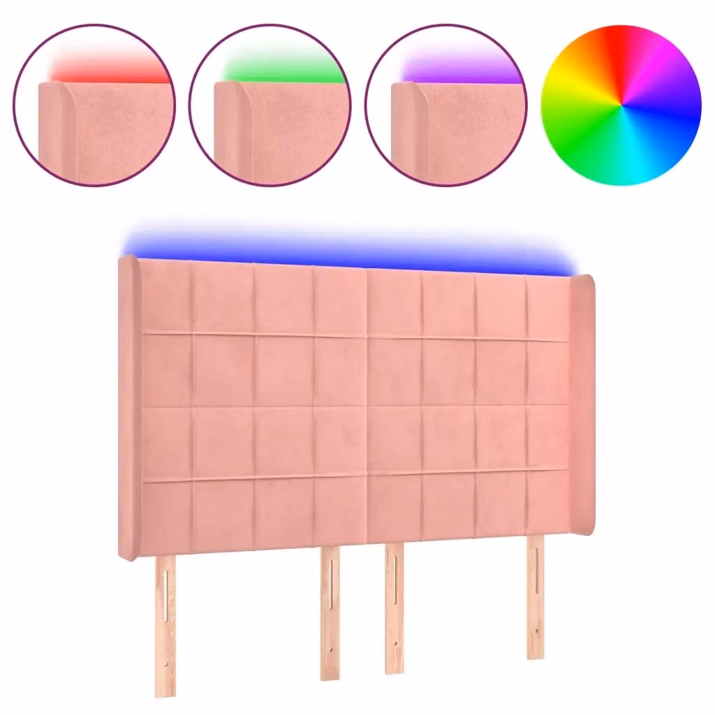 Testiera con LED Design Mania in Velluto Rosa con Porte USB, L: 147 cm, P: 16 cm, H: 118-128 cm – 2