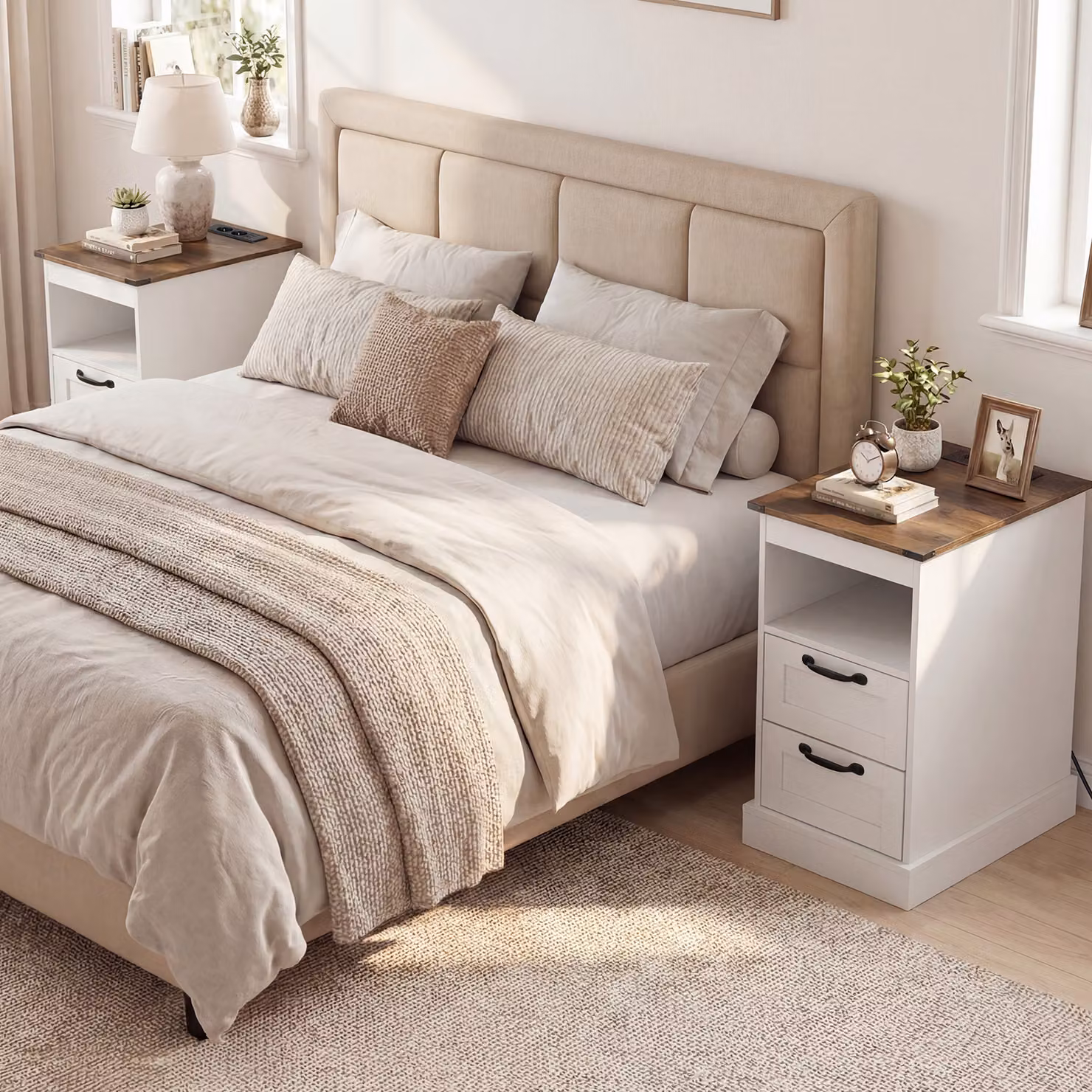 Set di 2 comodini rustici Costway con stazione di ricarica e 2 cassetti, colore bianco