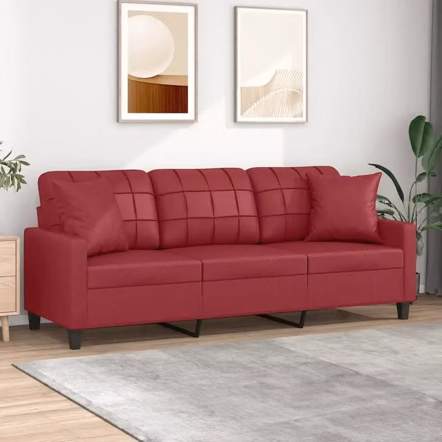 Divano a 3 posti moderno vidaXL in similpelle rosso con cuscini e struttura in metallo L: 198 cm, P: 80 cm, H: 77 cm