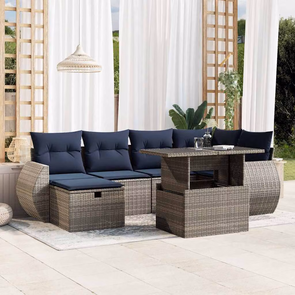 Set da giardino vidaXL in polyrattan composto da 7 pezzi con cuscini grigi e blu, design moderno a forma di L con tavolino e pouf