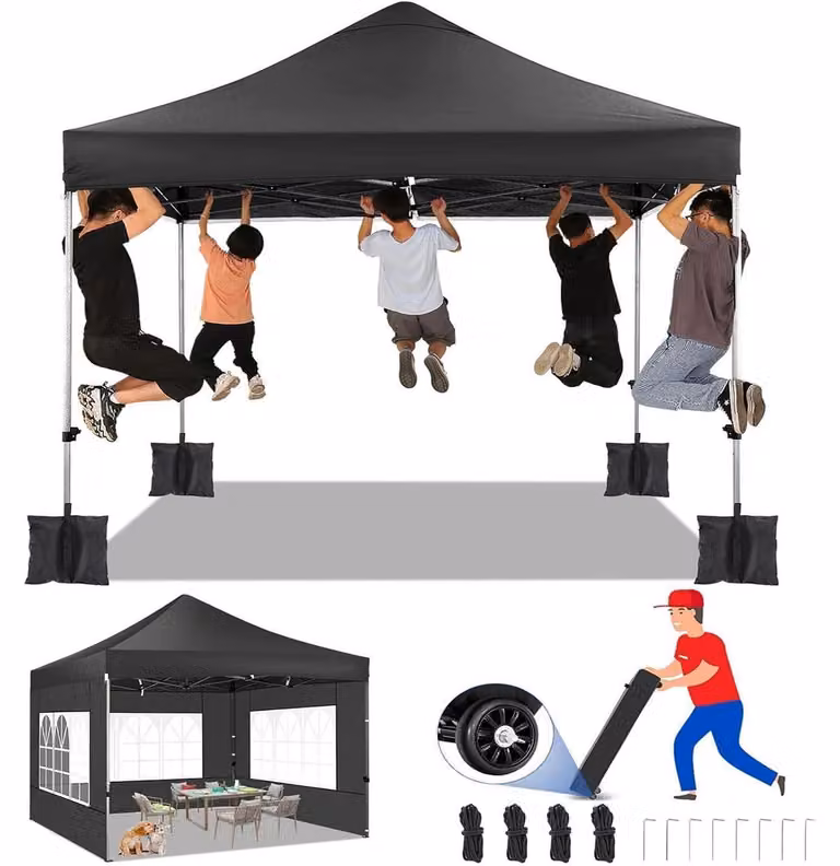 Gazebo da esterno 3x3 metri, impermeabile, stabile, con protezione UV 50+, regolabile in altezza con 4 pannelli laterali, colore nero
