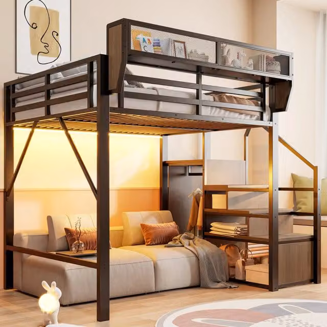 Letto a soppalco ULEVR 140x200 cm con scala di sicurezza, ripiano regolabile e striscia LED multicolore, nero