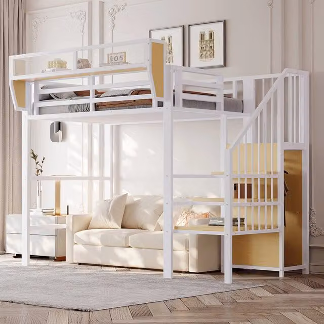 Letto a Castello 90x200 – Xylo – Metallo per Adulti/Bambini, Scala Sicurezza, Ripostiglio Flessibile, Bianco