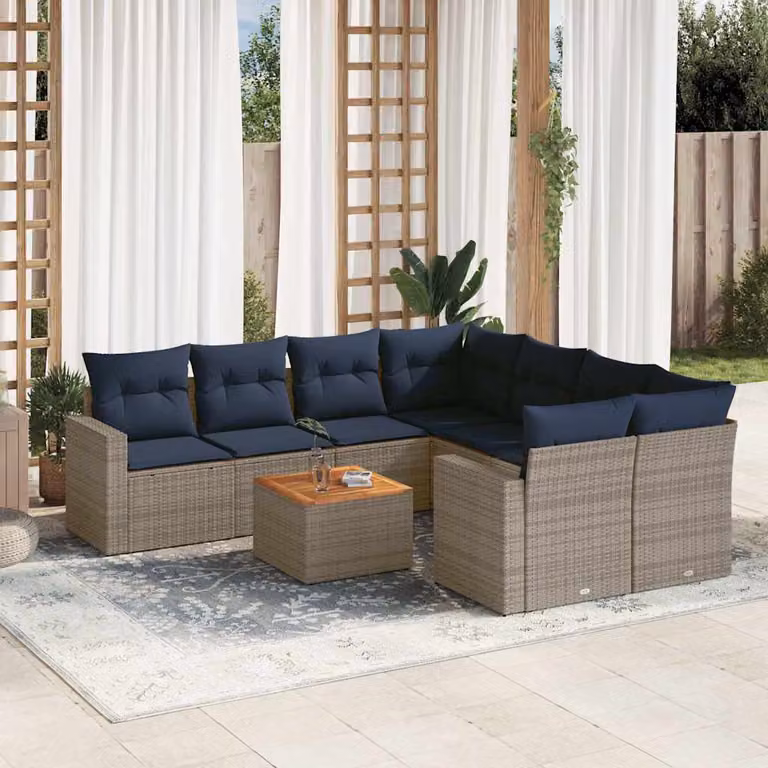 Set di divani da giardino vidaXL in polyrattan grigio con 9 pezzi e cuscini imbottiti