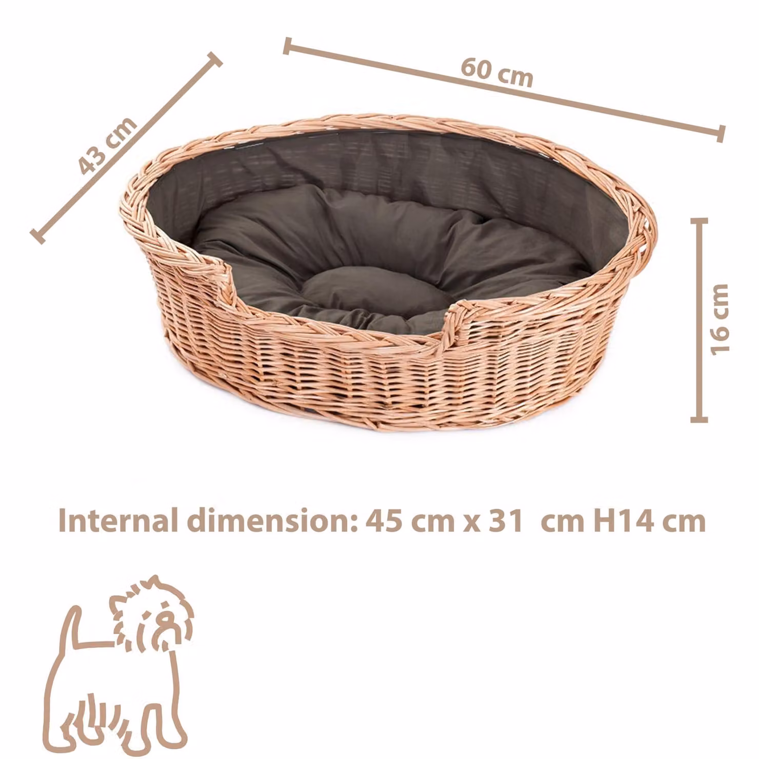 Cestino per cani in vimini ovale con cuscino 60X43 H16 CM