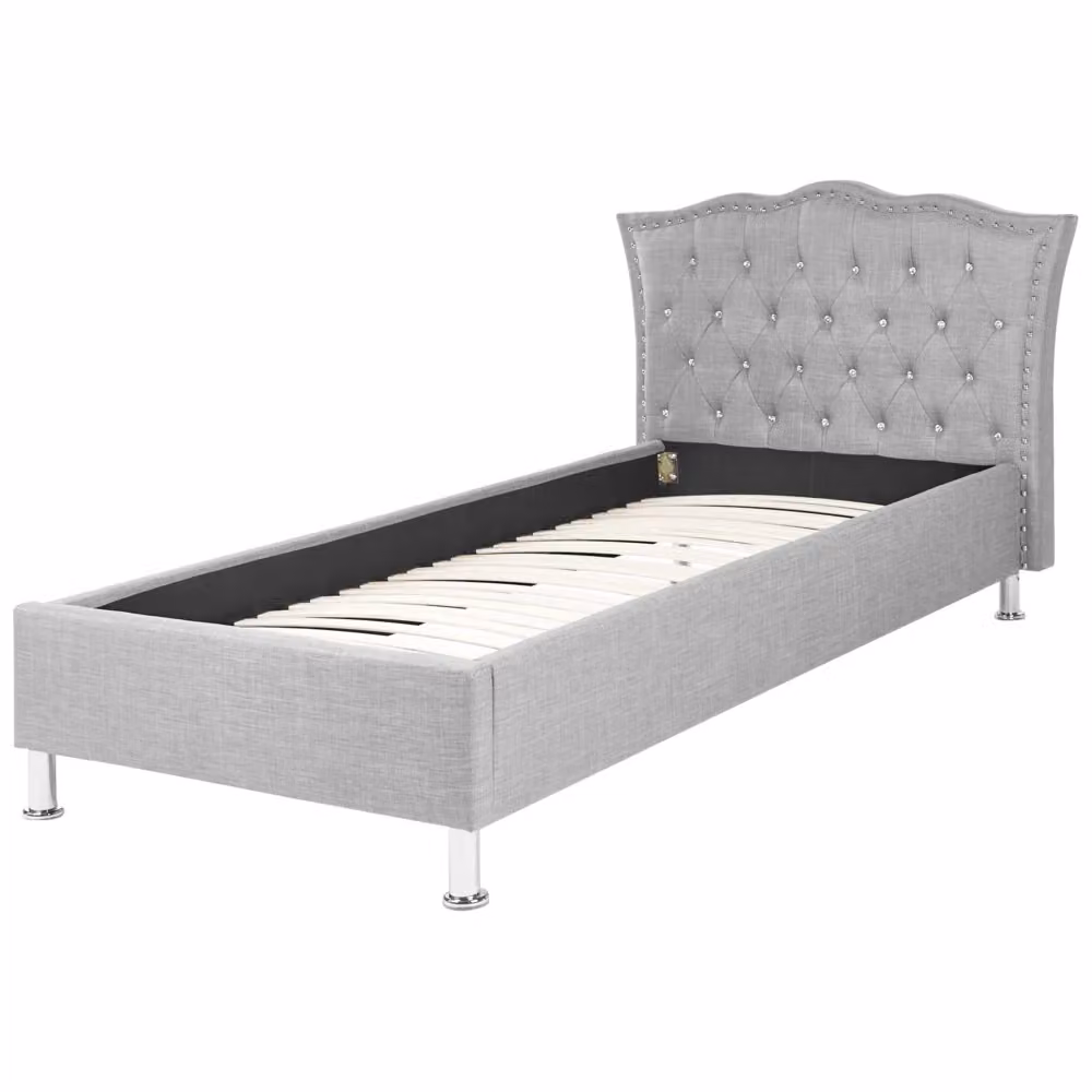 Letto singolo Beliani in tessuto imbottito grigio con decorazione a bottoni di cristallo e rete a doghe in legno, L/P/H: 90 x 200 cm – 2