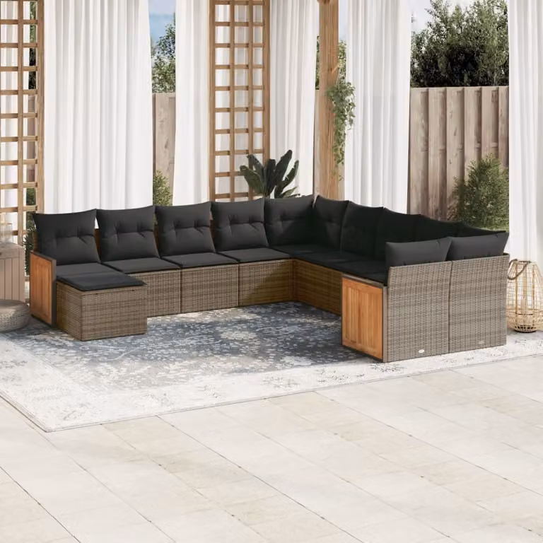vidaXL Set Divani da Giardino 11 pz a Forma a U in Polyrattan e Legno di Acacia con Cuscini Grigio