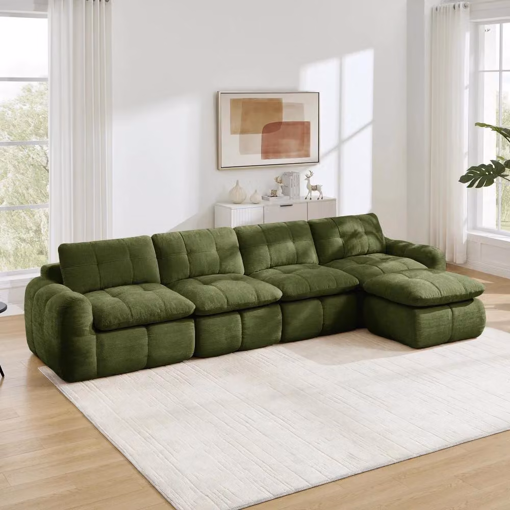 Divano modulare a forma di "U" per 4 persone - Rivestimento in chenille - 1 poggiapiedi - Sedute profonde - Combinabile - Stile moderno - Verde