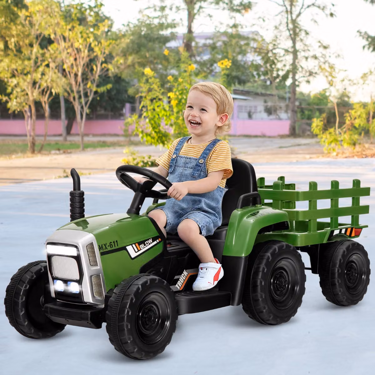 Costway Trattore Giocattolo Elettrico con Rimorchio 12V per Bambini, Verde Scuro, con Luci, Suoni e Telecomando – 3