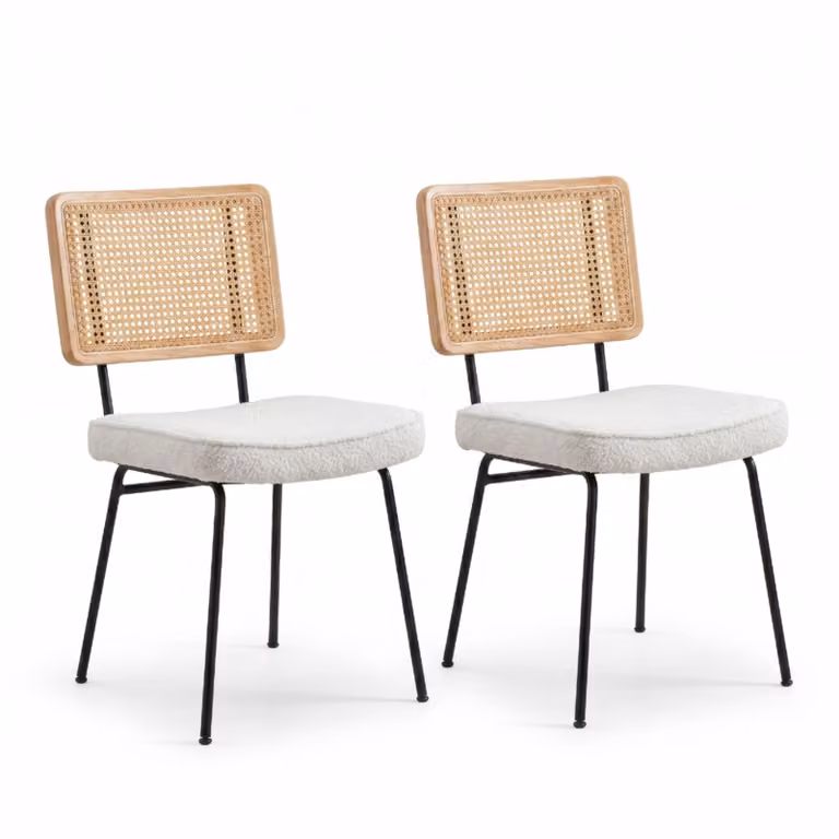 LVHOM Set da 2 sedie da sala da pranzo in ciniglia e legno massello, sedia imbottita effetto rattan, sedia da cucina con gambe in metallo, color avorio
