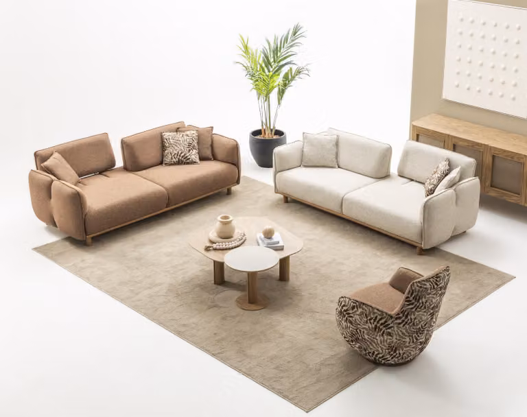 Modernes Wohnzimmer: 2x 4-Sitzer Sofa, Sessel, Couch- & Beistelltisch