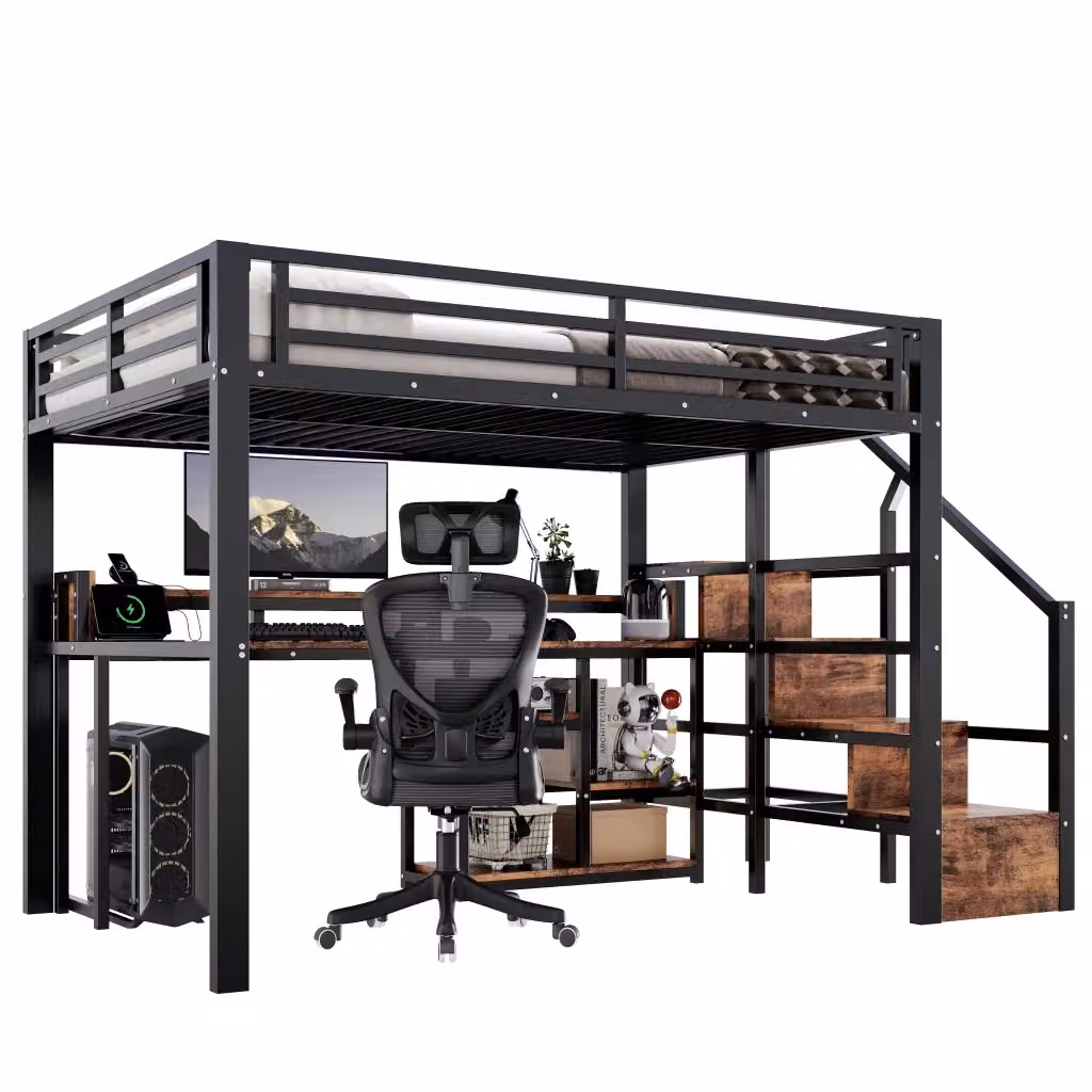 Letto a soppalco Chicfurn in metallo e MDF nero con scala, ripiano, porte USB e Type-C e illuminazione LED, L/P/H: 200 x 140 x 176 cm – 2