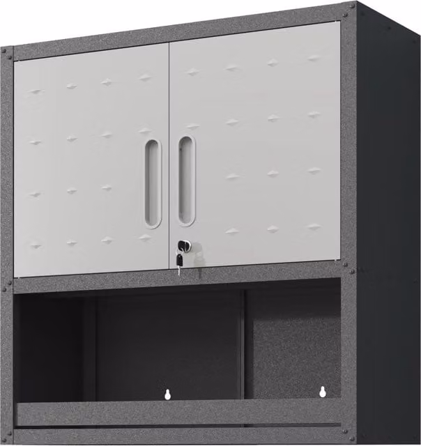 Armadio portautensili in metallo da parete con anta chiusa, 1 ripiano e 1 vano aperto, 75x77x30 cm, grigio, per garage, magazzino, ufficio (montaggio richiesto)