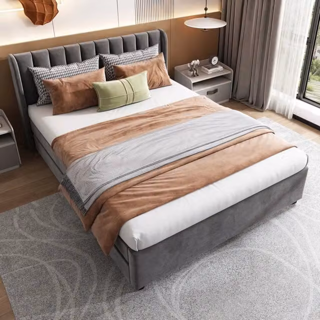 Letto 140x200cm - Xylo - Velluto, 2 cassetti, grigio