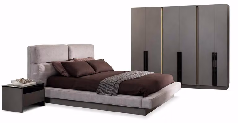 Set di design moderno composto da letto, comodini, camera da letto e armadio
