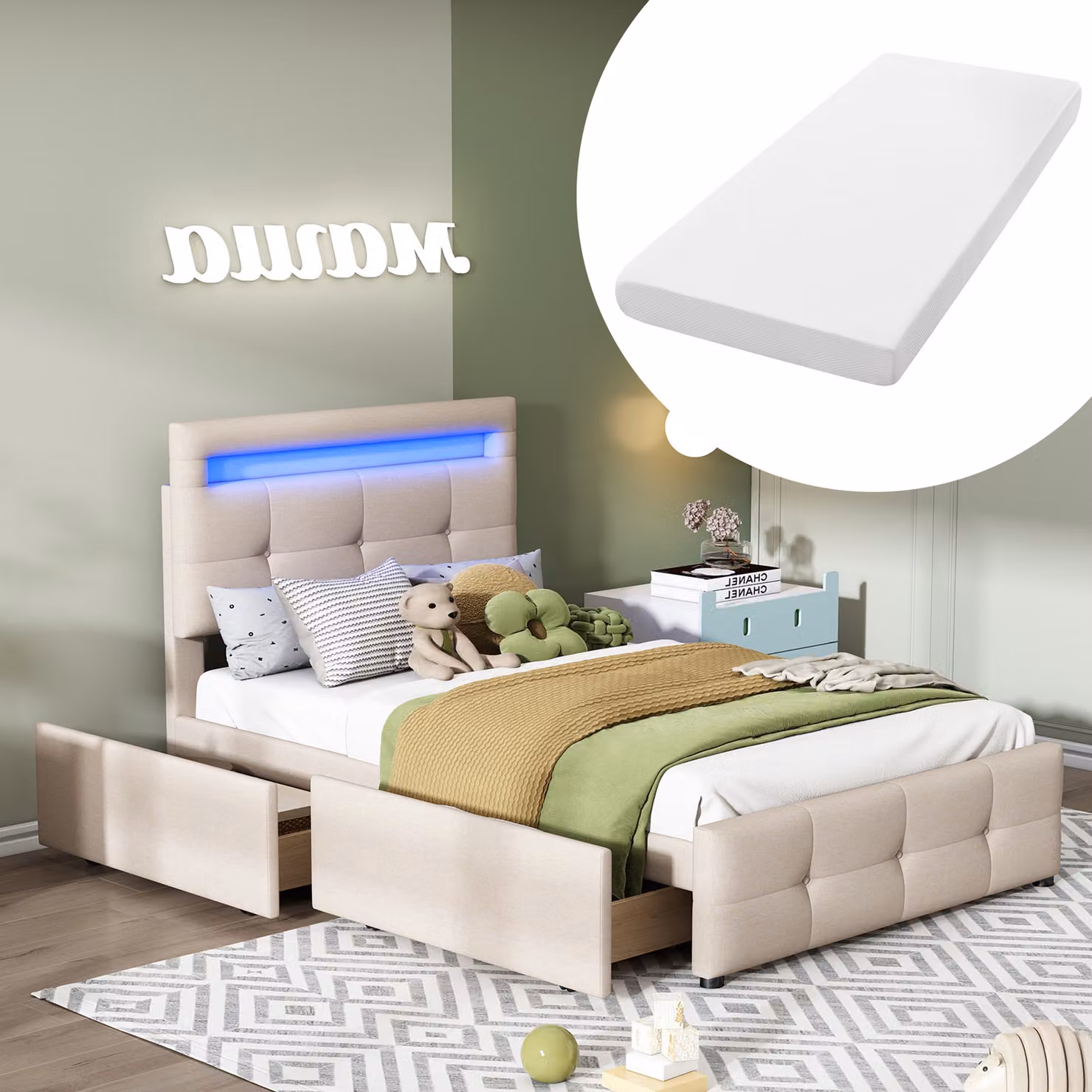 Letto imbottito okwish 90*200 cm con luci LED, 2 cassetti, in lino, adatto come letto singolo, letto per bambini, letto per adolescenti o letto per ospiti, colore beige (con materasso incluso)