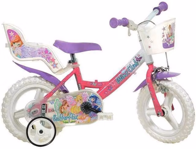 Bicicletta Disney Winx da 12 pollici per bambina con rotelle, seggiolino e cestino, rosa e nera