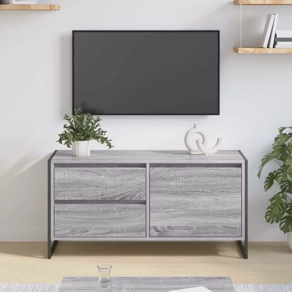 Mobile porta TV in stile industrial con finitura opaca grigia, realizzato in legno e metallo, L 100 x P 36 x H 49.5 cm – 2