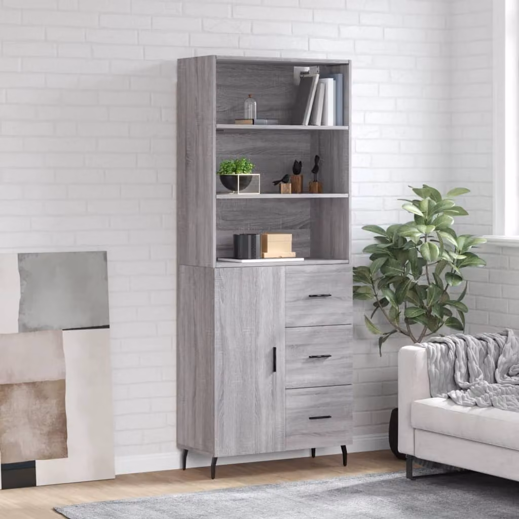 Credenza moderna vidaXL in legno multistrato e metallo, Grigio Sonoma, L: 69,5 cm, P: 34 cm, H: 180 cm