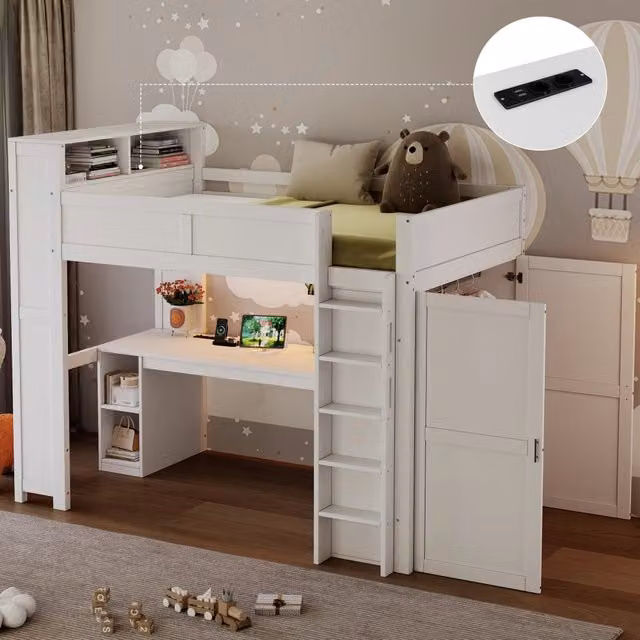 Letto a soppalco 90x200 con scrivania, armadio integrato, illuminazione LED e presa USB, bianco