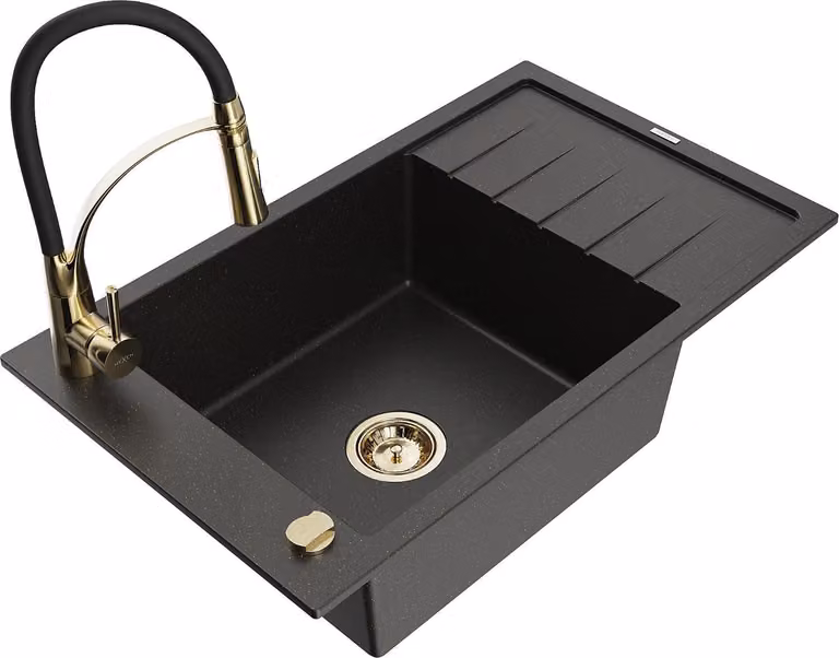 Mexen Elias lavello in granito a 1 vasca con sgocciolatoio e rubinetto da cucina Aster, nero/oro metallico - 6511-75-73450-57-G