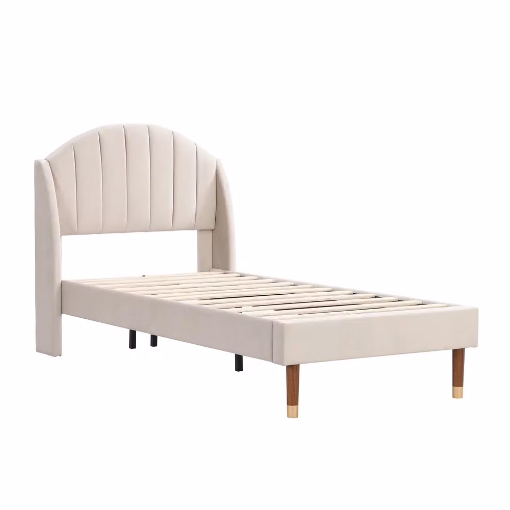 Letto singolo imbottito Minimal in velluto beige con rete a doghe L/P/H: 90 x 200 cm – 2