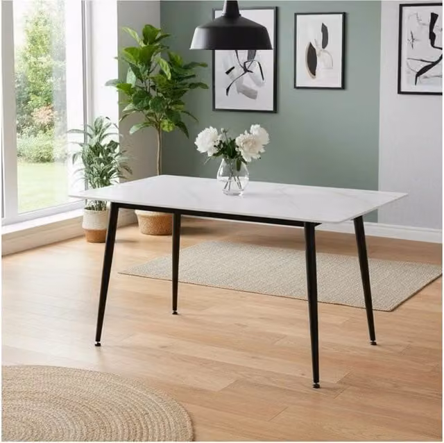 Tavolo da Pranzo Kilo 140×80 cm in Ceramica Effetto Marmo Bianco opaco e Gambe Nere
