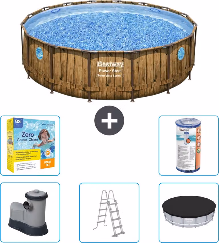 Piscina Bestway Round Power Steel Swim Vista - stampa su legno - 488 x 122 - inclusa pompa - scaletta - copertura pacchetto manutenzione - filtro
