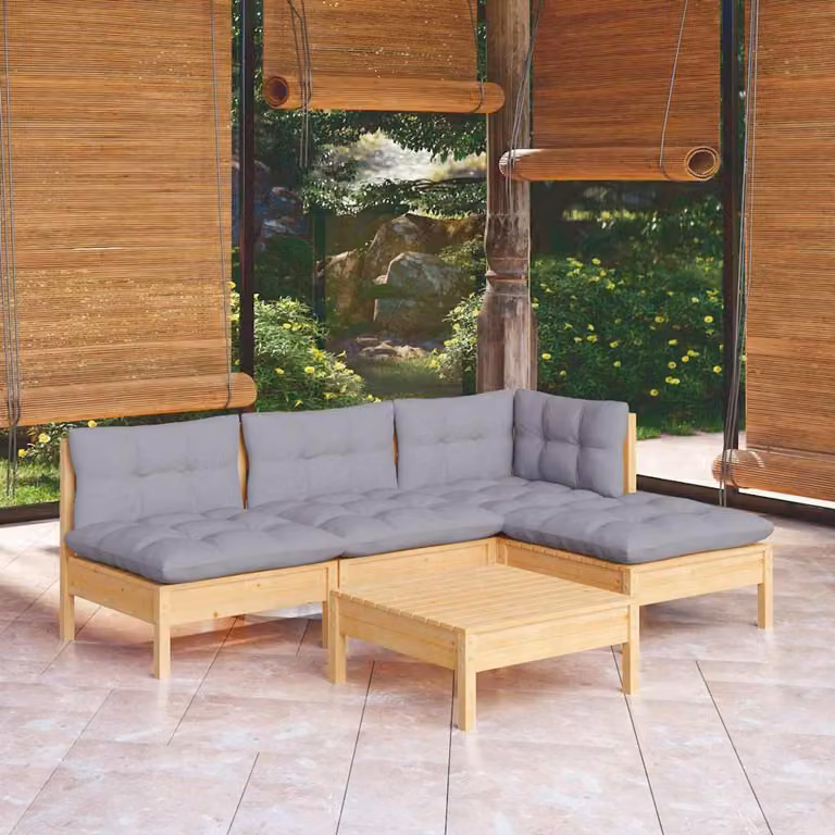 Set di divani da giardino vidaXL in legno massello di pino con cuscini grigi, design moderno a L con elemento angolare e pouf
