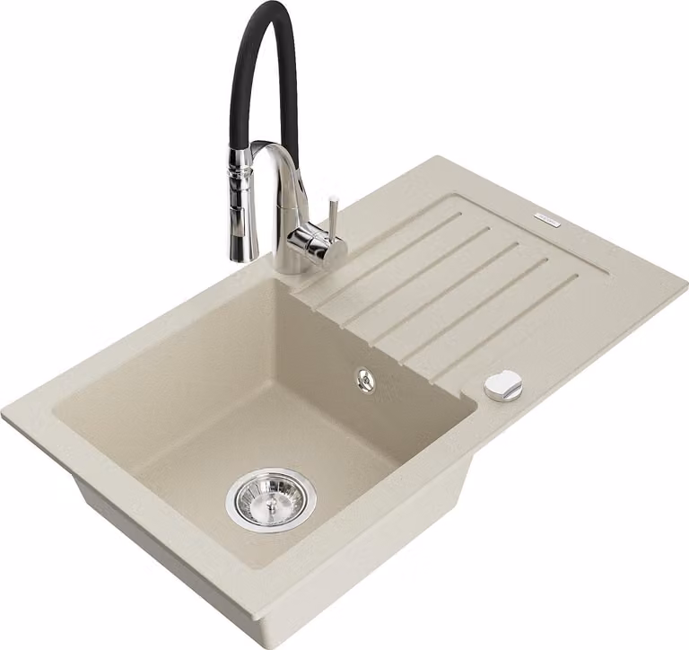 Mexen Pablo lavello da cucina in granito a 1 vasca con sgocciolatoio e rubinetto Aster, beige - 6510-69-73450-07