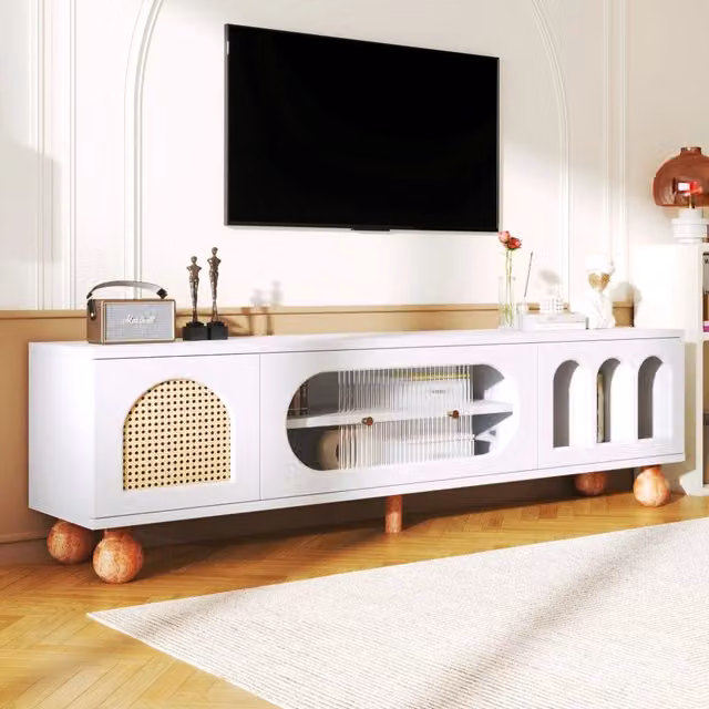 Mobile TV con ante effetto rattan e vetro scorrevole centrale bianco 170 × 47 × 37 cm