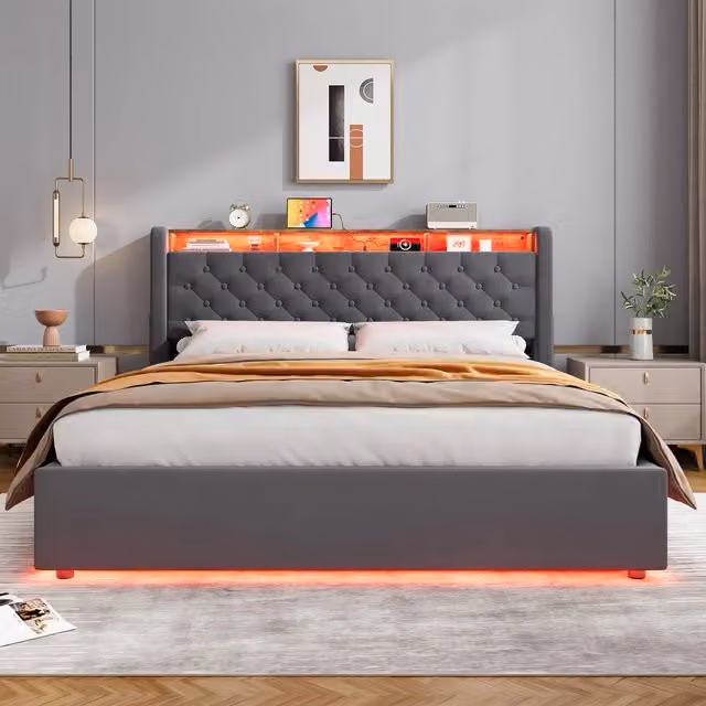 Letto matrimoniale imbottito in velluto grigio scuro con contenitore e testiera portaoggetti 160x200 cm