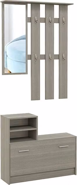 Set Mobili da Ingresso Moderno Grigio con Specchio, Appendiabiti, Panca e Scarpiera per 8 Paia di Scarpe