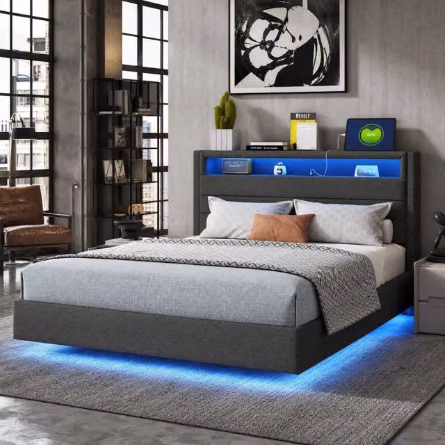 Letto imbottito 140x200 cm grigio in tessuto con USB, LED e testiera reversibile