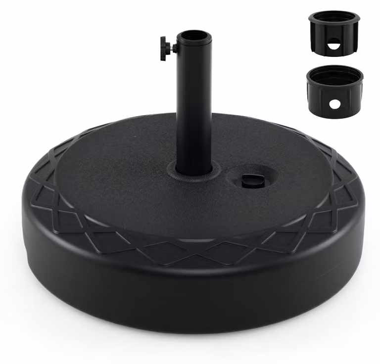 Supporto per ombrelloni COSTWAY, adatto per pali di diametro 39/49 mm. Base per ombrellone da riempire con acqua o sabbia (capacità 26 litri, peso massimo 45 kg). Ideale come piedistallo per ombrelloni da giardino o per ombrelloni da mercato