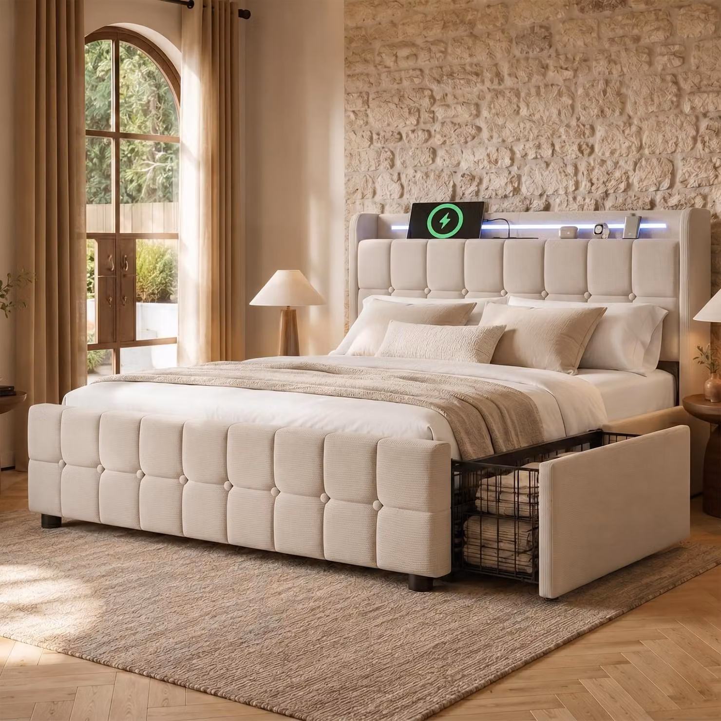 Letto imbottito Flieks 160x200cm con USB e prese, letto per ragazzi letto matrimoniale con 4 cassetti, letto contenitore letto in legno massiccio con LED e rete a doghe, lino, beige