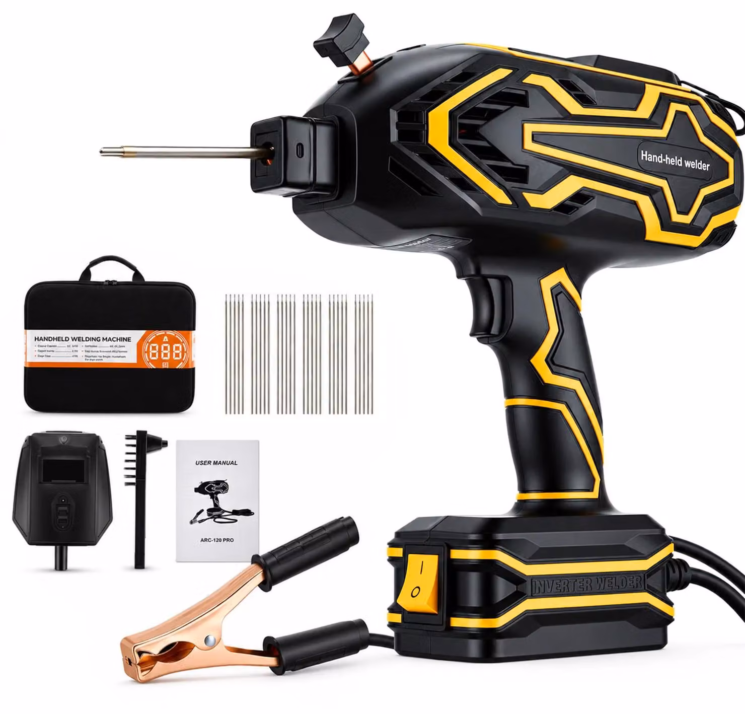 Saldatrice elettrica portatile - Saldatrice ad arco portatile - 220 V - Inverter IGBT - 5 livelli di corrente - Adatta per elettrodi da 2,5–3,2 mm - Spina di tipo inglese - Colore nero