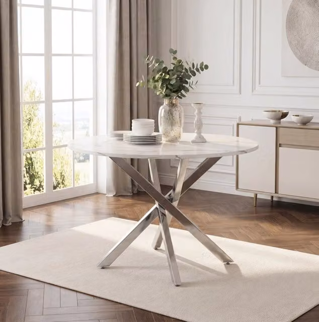 Tavolo da pranzo rotondo ?80 cm in MDF effetto marmo con gambe in metallo; bianco e argento