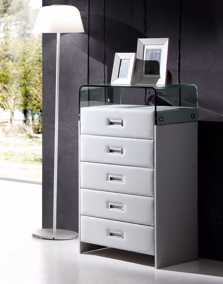 Glas Luxus gepolsterte Sideboard Schrank Kommode Leder Metall Kommoden Weiß